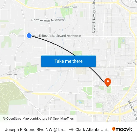 Joseph E Boone Blvd NW @ Lanier St NW to Clark Atlanta University map