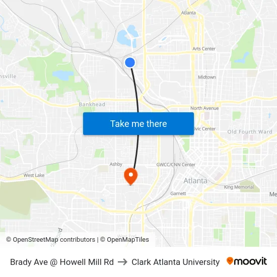 Brady Ave @ Howell Mill Rd to Clark Atlanta University map