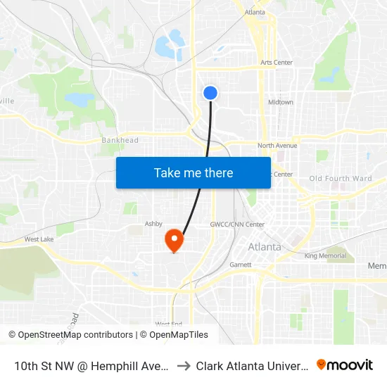 10th St NW @ Hemphill Ave NW to Clark Atlanta University map