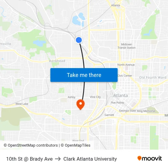10th St @ Brady Ave to Clark Atlanta University map