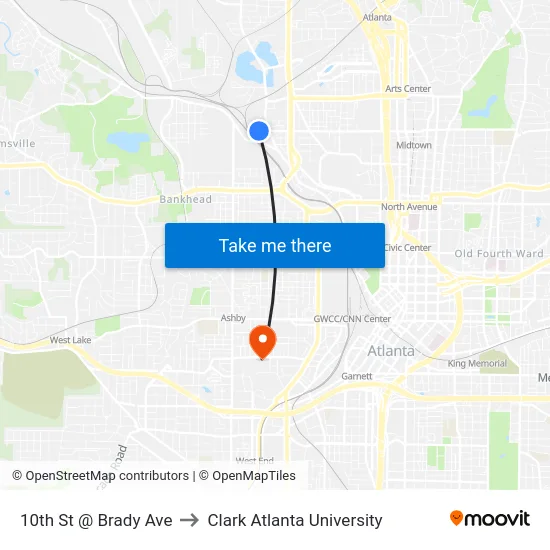 10th St @ Brady Ave to Clark Atlanta University map