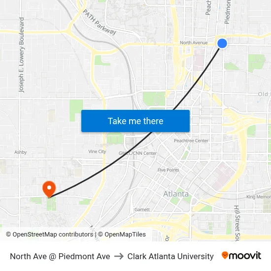 North Ave @ Piedmont Ave to Clark Atlanta University map