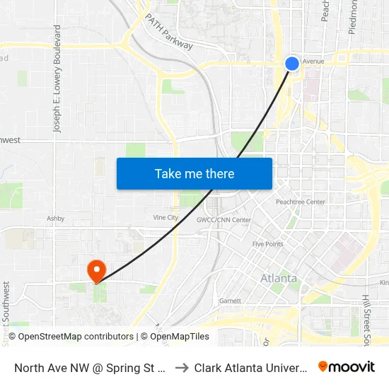 North Ave NW @ Spring St NW to Clark Atlanta University map