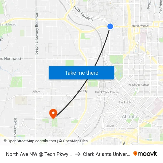 North Ave NW @ Tech Pkwy NW to Clark Atlanta University map