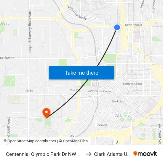 Centennial Olympic Park Dr NW @ North Ave NW to Clark Atlanta University map