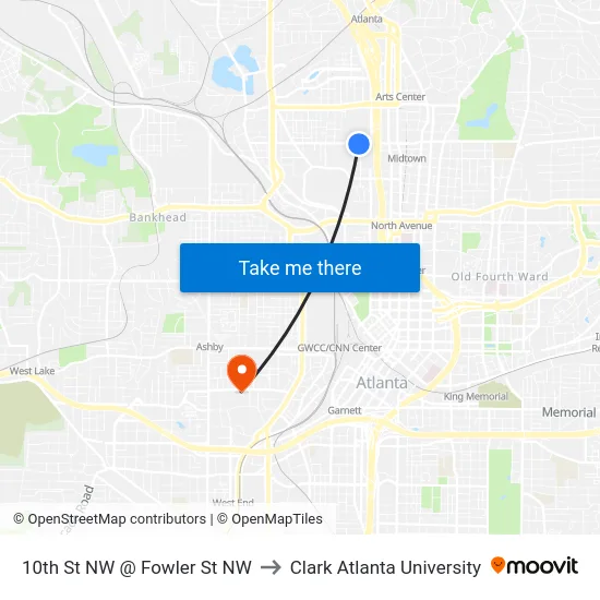 10th St NW @ Fowler St NW to Clark Atlanta University map