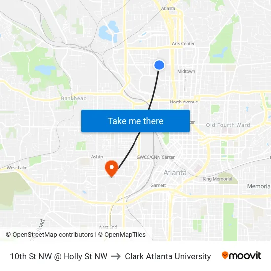 10th St NW @ Holly St NW to Clark Atlanta University map