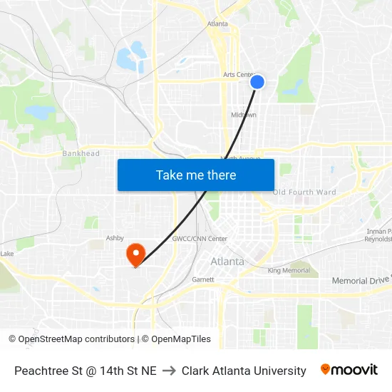 Peachtree St @ 14th St NE to Clark Atlanta University map