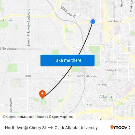 North Ave @ Cherry St to Clark Atlanta University map