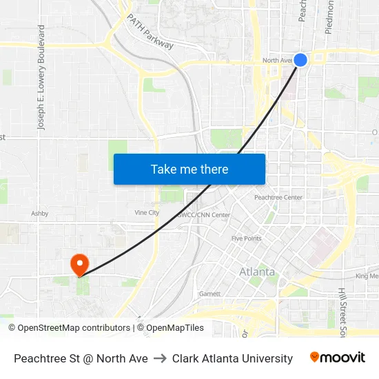 Peachtree St @ North Ave to Clark Atlanta University map