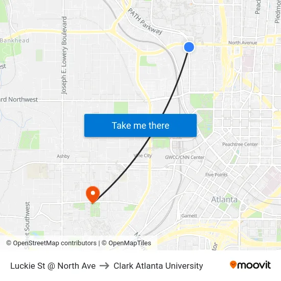 Luckie St @ North Ave to Clark Atlanta University map