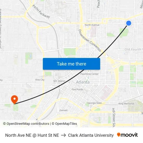 North Ave NE @ Hunt St NE to Clark Atlanta University map