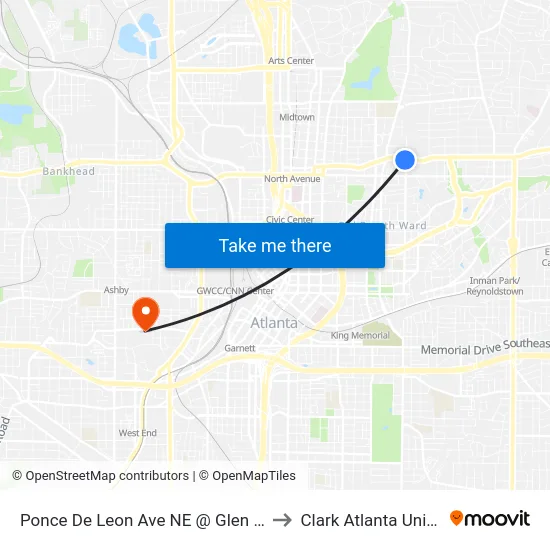 Ponce De Leon Ave NE @ Glen Iris Dr NE to Clark Atlanta University map