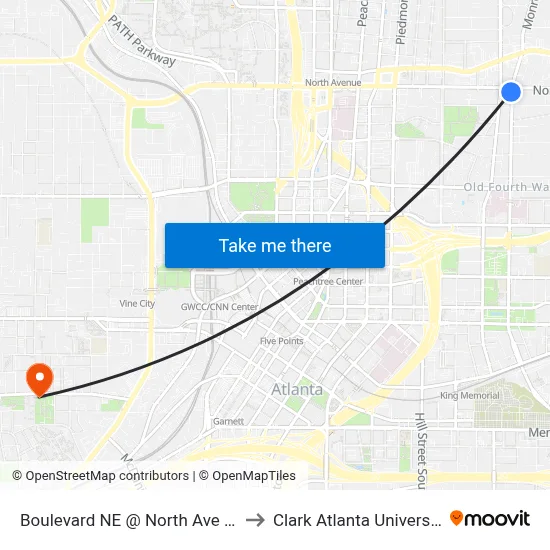Boulevard NE @ North Ave NE to Clark Atlanta University map