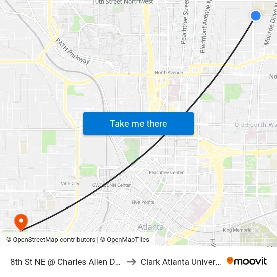 8th St NE @ Charles Allen Dr NE to Clark Atlanta University map