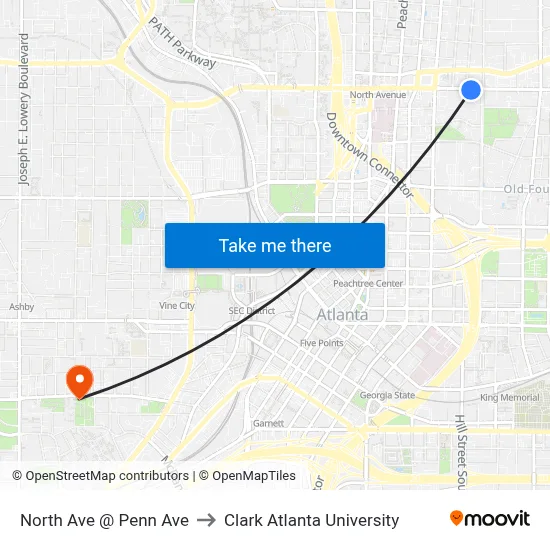 North Ave @ Penn Ave to Clark Atlanta University map