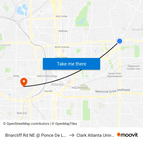 Briarcliff Rd NE @ Ponce De Leon Ave to Clark Atlanta University map