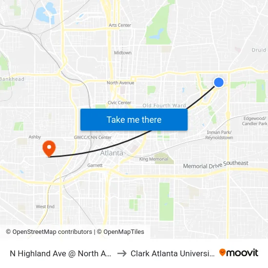 N Highland Ave @ North Ave to Clark Atlanta University map