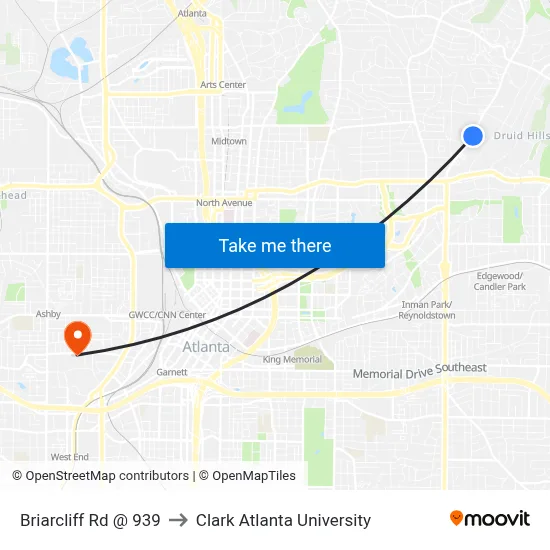 Briarcliff Rd @ 939 to Clark Atlanta University map
