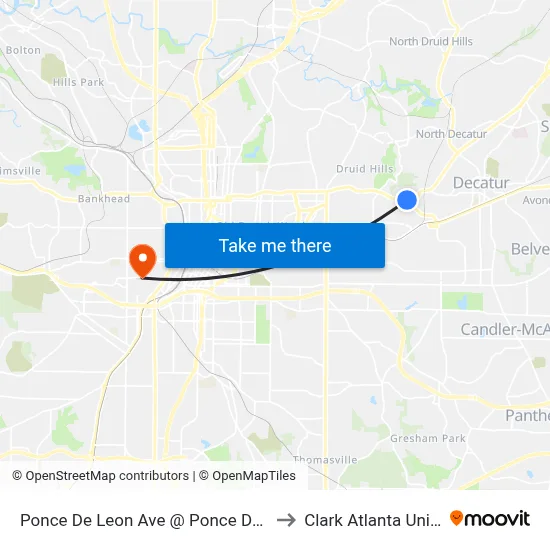 Ponce De Leon Ave @ Ponce De Leon Mnr to Clark Atlanta University map