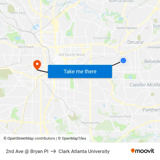 2nd Ave @ Bryan Pl to Clark Atlanta University map