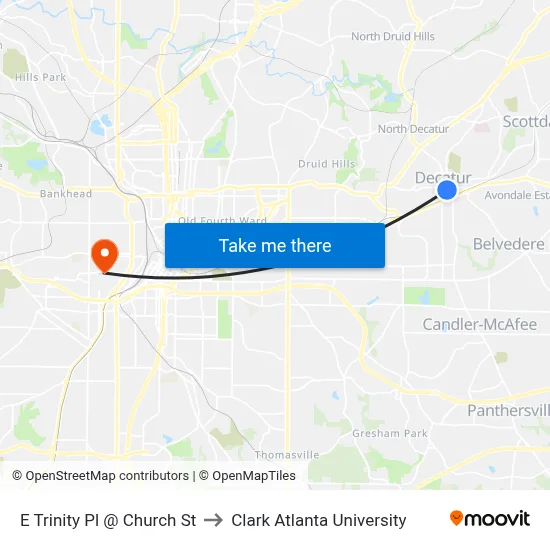E Trinity Pl @ Church St to Clark Atlanta University map
