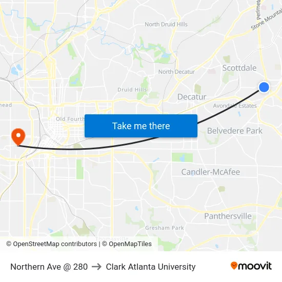 Northern Ave @ 280 to Clark Atlanta University map