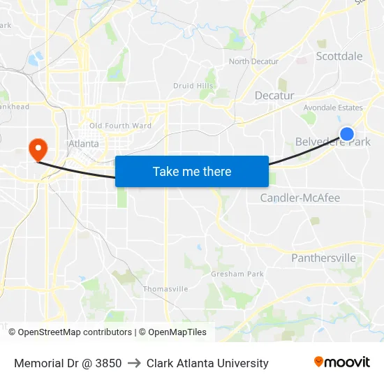 Memorial Dr @ 3850 to Clark Atlanta University map