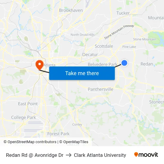 Redan Rd @ Avonridge Dr to Clark Atlanta University map