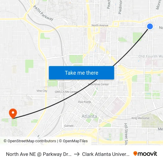 North Ave NE @ Parkway Dr NE to Clark Atlanta University map