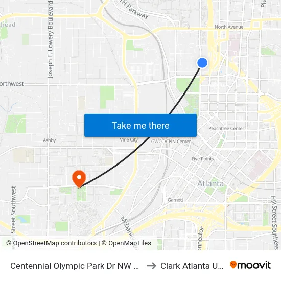 Centennial Olympic Park Dr NW @ Hunnicutt St to Clark Atlanta University map