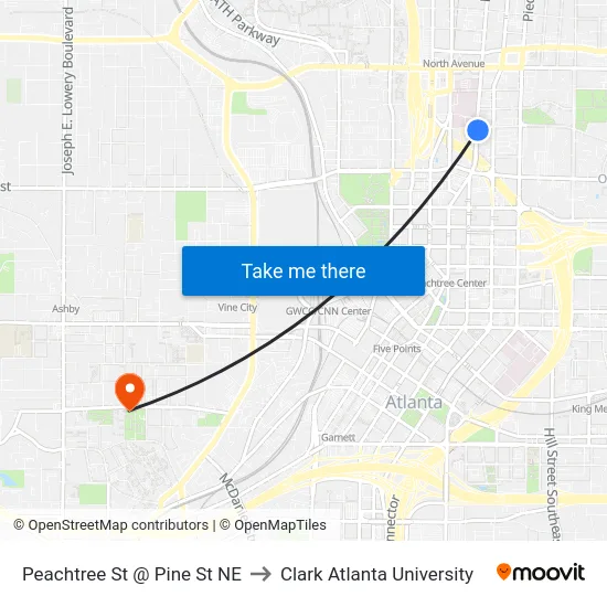 Peachtree St @ Pine St NE to Clark Atlanta University map