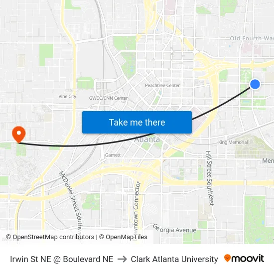 Irwin St NE @ Boulevard NE to Clark Atlanta University map