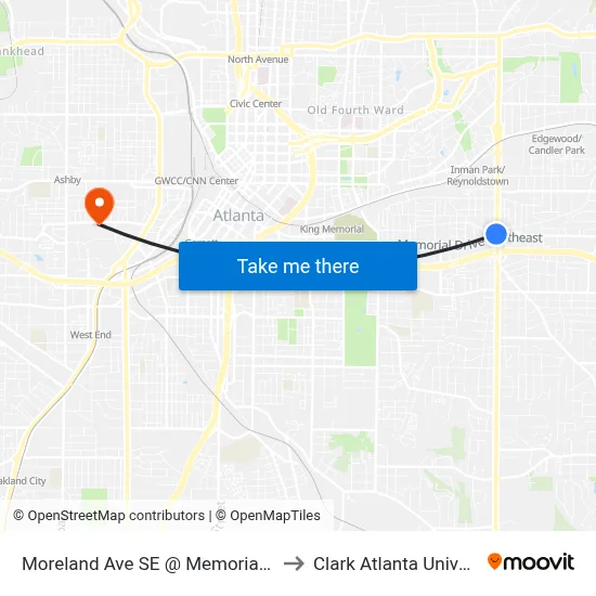Moreland Ave SE @ Memorial Dr SE to Clark Atlanta University map