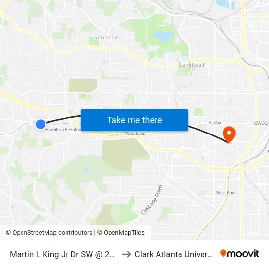 Martin L King Jr Dr SW @ 2800 to Clark Atlanta University map