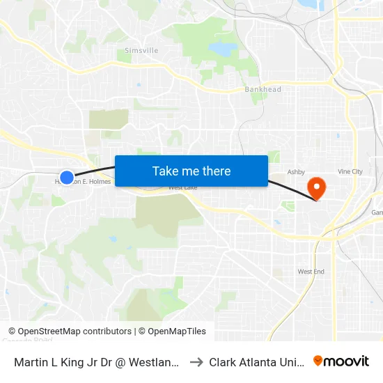 Martin L King Jr Dr @ Westland Blvd NW to Clark Atlanta University map