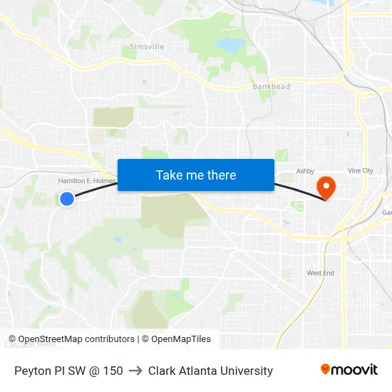 Peyton Pl SW @ 150 to Clark Atlanta University map