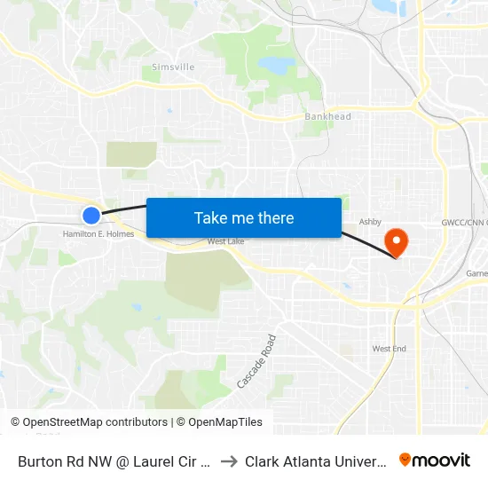 Burton Rd NW @ Laurel Cir NW to Clark Atlanta University map