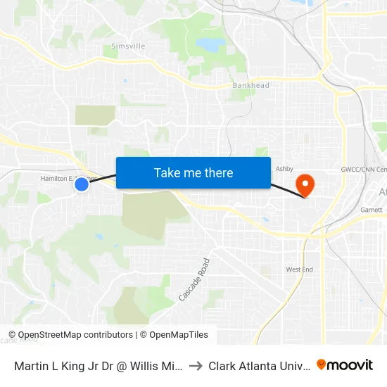 Martin L King Jr Dr @ Willis Mill Rd SW to Clark Atlanta University map