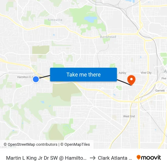 Martin L King Jr Dr SW @ Hamilton E Holmes Dr NW to Clark Atlanta University map