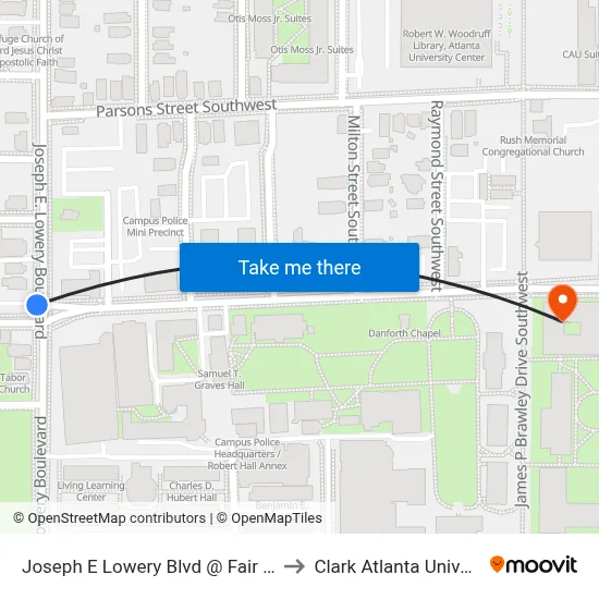 Joseph E Lowery Blvd @ Fair St SW to Clark Atlanta University map