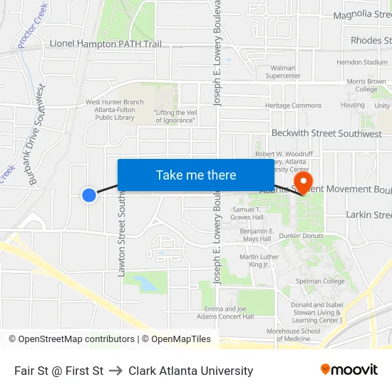 Fair St @ First St to Clark Atlanta University map