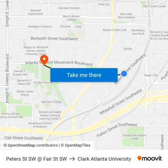 Peters St SW @ Fair St SW to Clark Atlanta University map