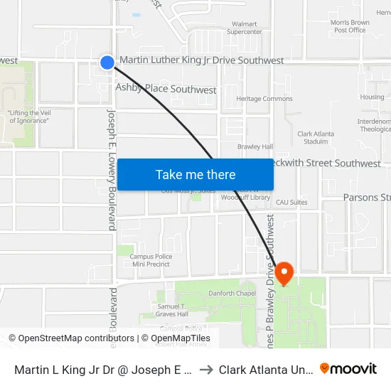 Martin L King Jr Dr @ Joseph E Lowery Blvd to Clark Atlanta University map