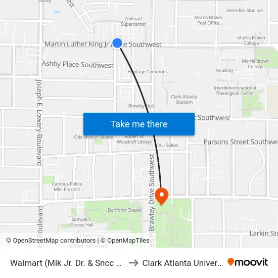 Walmart (Mlk Jr. Dr. & Sncc Way) to Clark Atlanta University map
