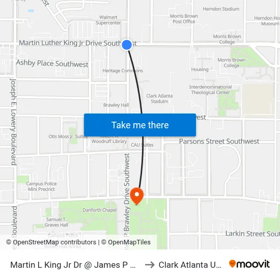 Martin L King Jr Dr @ James P Brawley Dr SW to Clark Atlanta University map