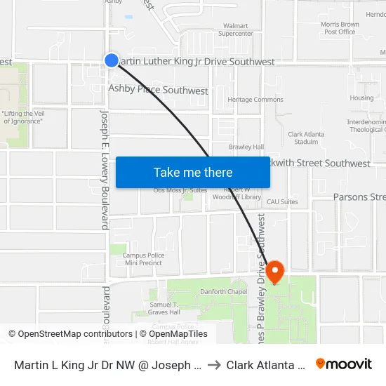 Martin L King Jr Dr NW @ Joseph E Lowery Blvd NW to Clark Atlanta University map