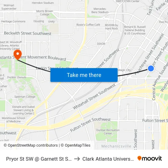 Pryor St SW @ Garnett St SW to Clark Atlanta University map
