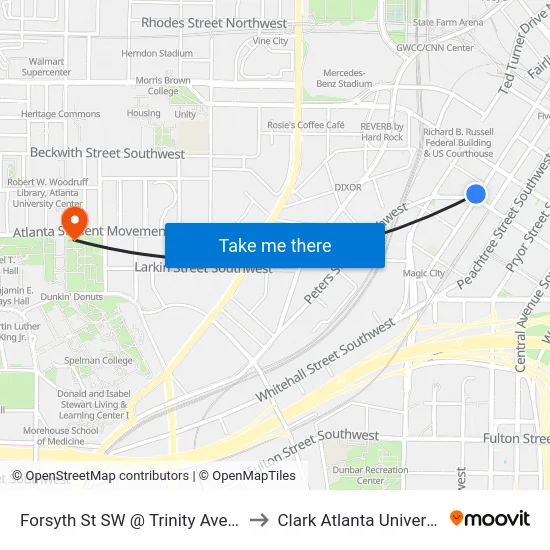 Forsyth St SW @ Trinity Ave SW to Clark Atlanta University map