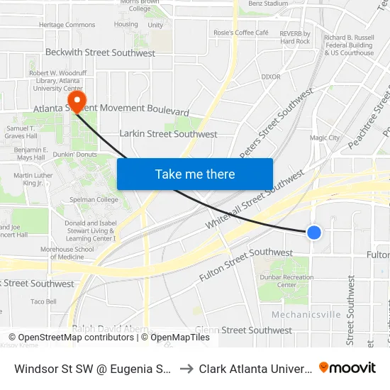 Windsor St SW @ Eugenia St SW to Clark Atlanta University map
